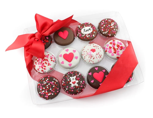 Box of 9 Heart Sprinkled Chocolate Dipped Oreos with V-day Icing decals