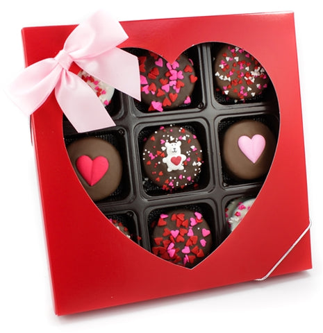 Box of 9 Heart Sprinkled Chocolate Dipped Oreos with V-day Icing decals